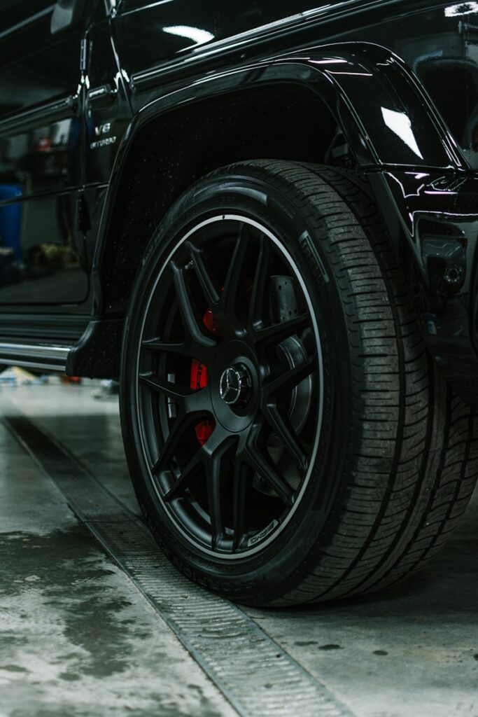a close up of a tire on a vehicle after being cleaned